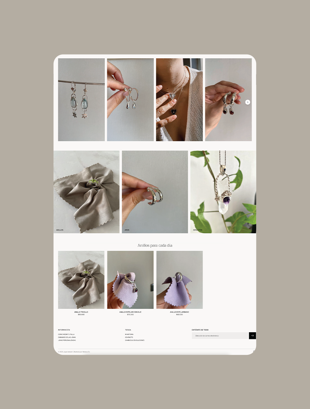 Diseño web de joyas minimalista con enfoque en experiencia de usuario y ventas
