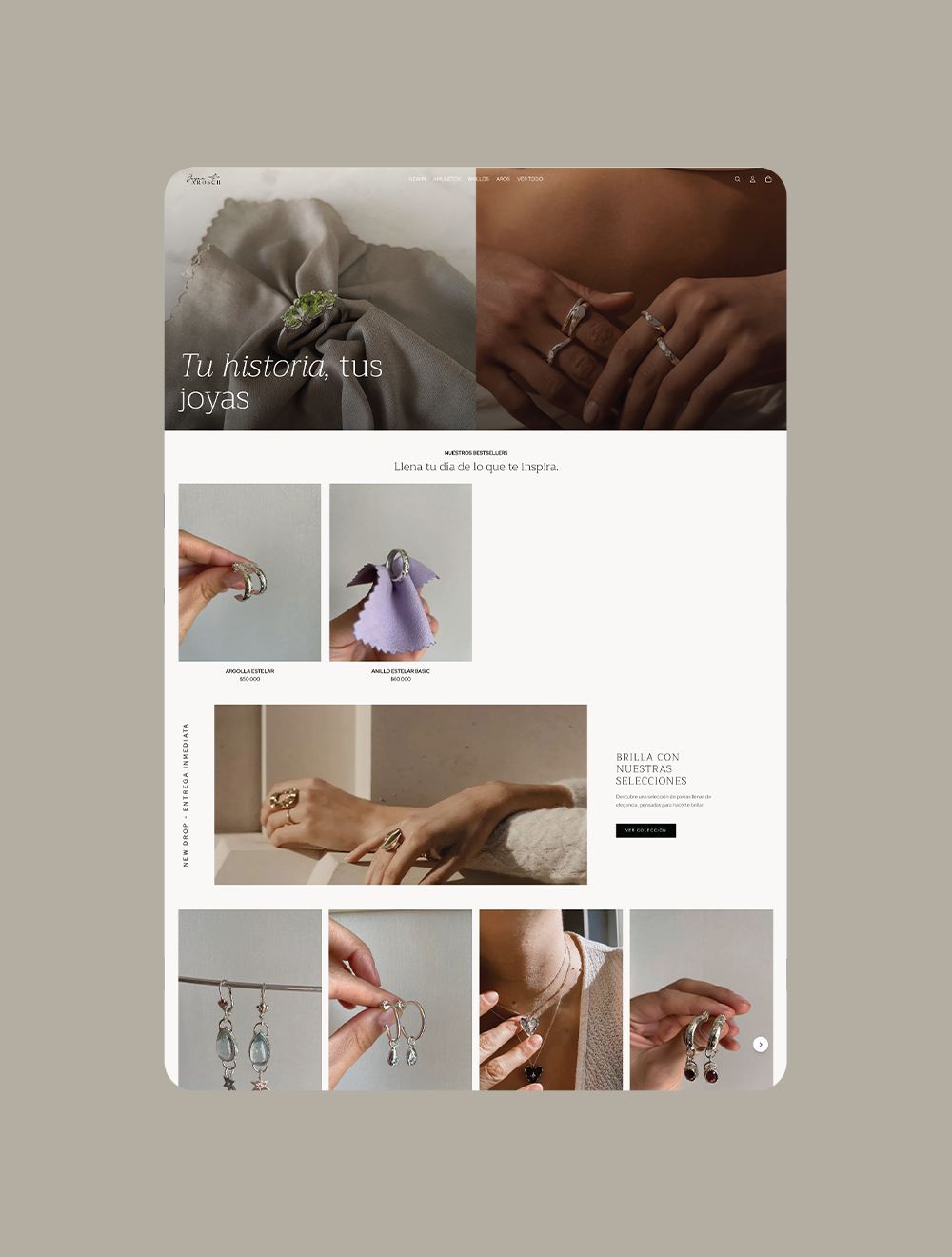 Página de inicio tienda de joyas con estética femenina y layout limpio en Shopify